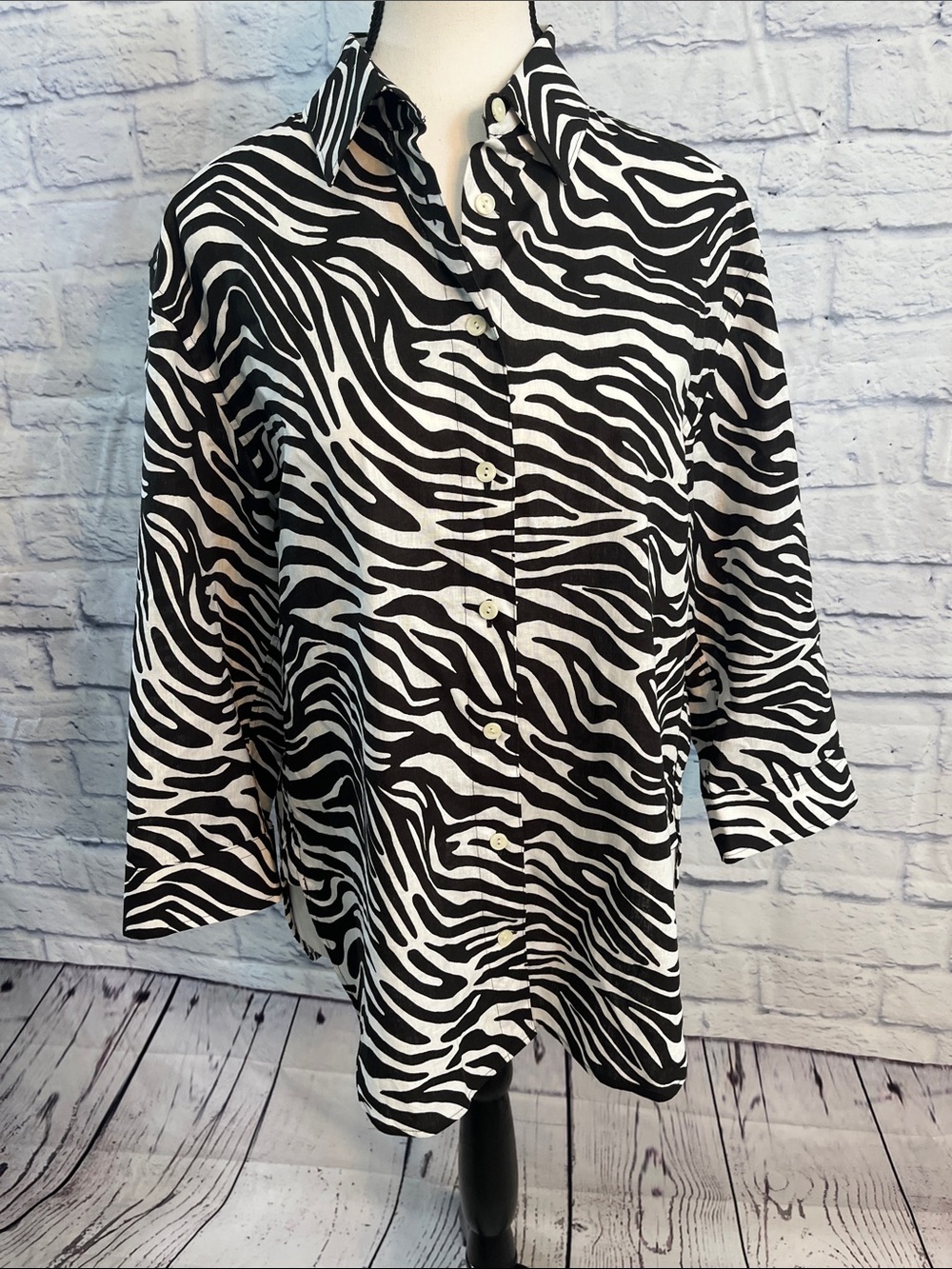 Hinson Wu Luxe Linen Aileen Blouse Zebra Print Size Small 3/4 Sleeves